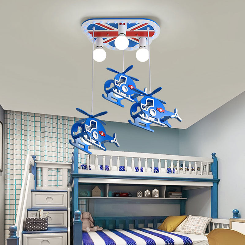 Elicottero metallico elicottero multi-pendente cartone animato 6 lampadine a soffitto appeso in blu per la stanza per bambini