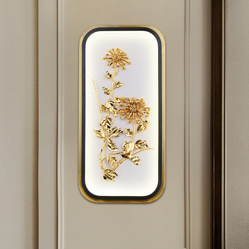 Metallic Rectangle Plum Blossom Mural Light Oriental Style LED Wall Mounted Light Fixture in Gold