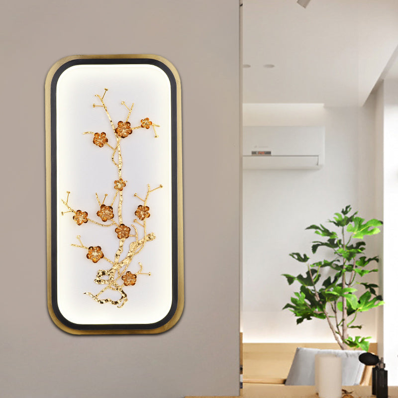 Metallic Rectangle Plum Blossom Mural Light Oriental Style LED Wall Mounted Light Fixture in Gold