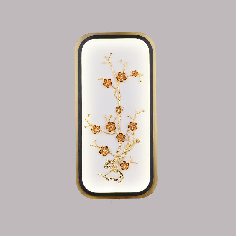 Metallic Rectangle Plum Blossom Mural Light Oriental Style LED Wall Mounted Light Fixture in Gold