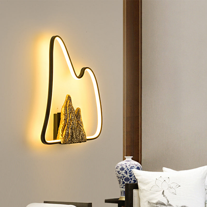 Geometric Shaped Ironic Mural Light Oriental Style LED Black and Gold Wall Lamp with Mountain Pattern