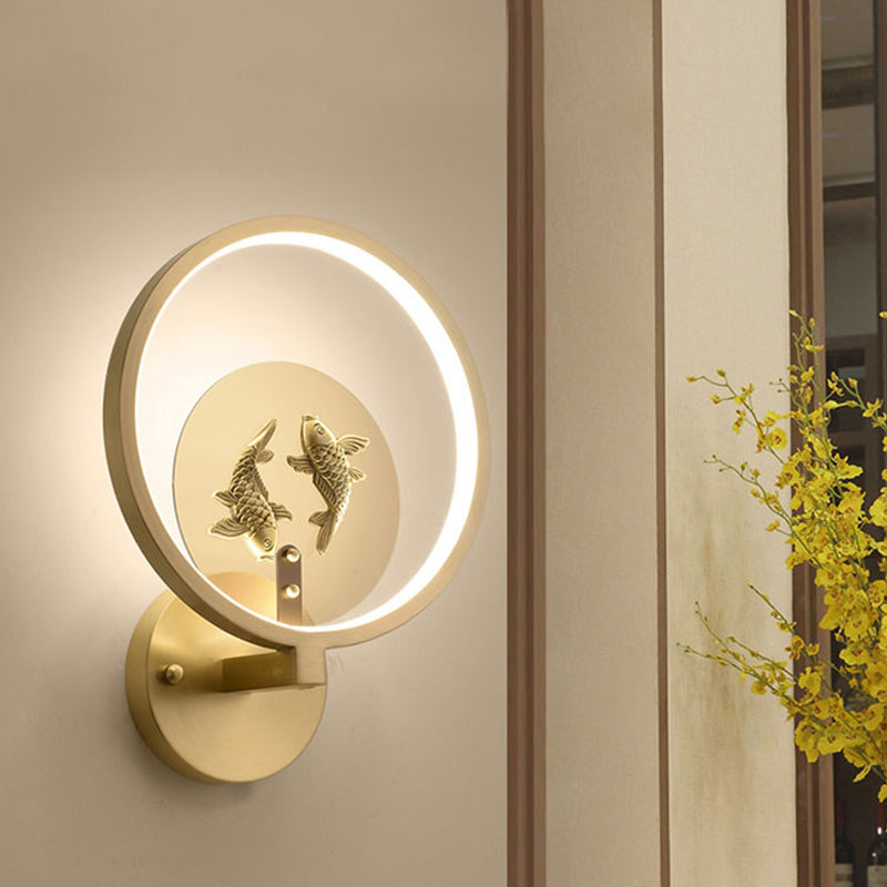 Brass Circular Double Fish Mural Lamp Asia Style LED Metallic Wall Mount Lighting