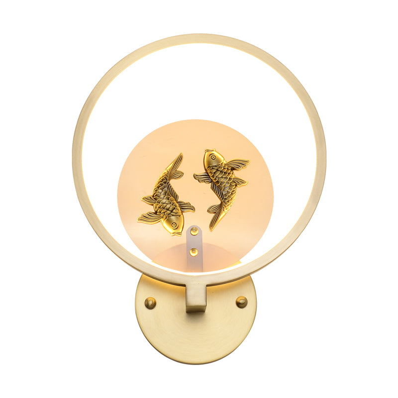 Brass Circular Double Fish Mural Lamp Asia Style LED Metallic Wall Mount Lighting