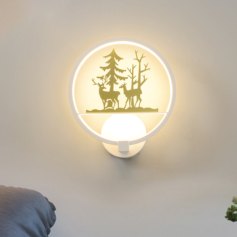 Elk et arbre de forme circulaire Lumière Nordique LED Mur mural blanc lampe pour la chambre à coucher