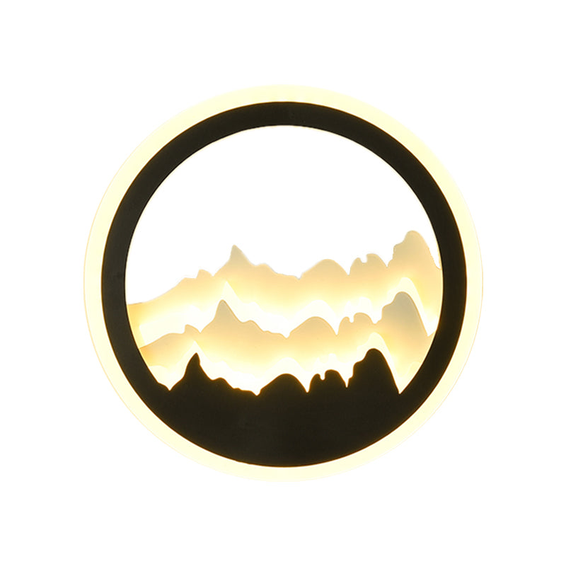 Round Shaped Acrylic Mountain Mural Light Contemporary Style LED Black Wall Mount Light