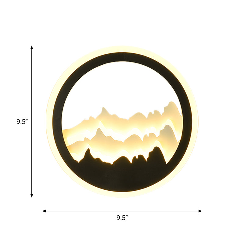 Round Shaped Acrylic Mountain Mural Light Contemporary Style LED Black Wall Mount Light