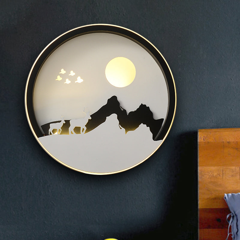 Salon rond Mur Mound Lampe acrylique LED Mur de la murale contemporain Lumière en noir avec de la montagne et du soleil motif