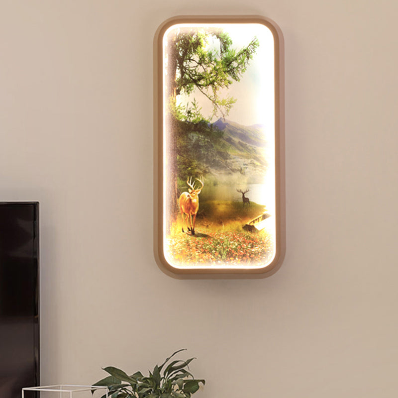 Minimalist Rectangle Shaped Metal Mural Light LED Wall Mount Lamp in Gold with Forest and Deer Pattern