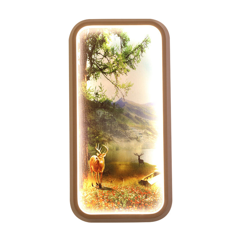 Minimalist Rectangle Shaped Metal Mural Light LED Wall Mount Lamp in Gold with Forest and Deer Pattern