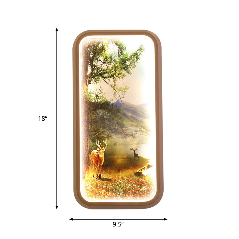 Minimalist Rectangle Shaped Metal Mural Light LED Wall Mount Lamp in Gold with Forest and Deer Pattern