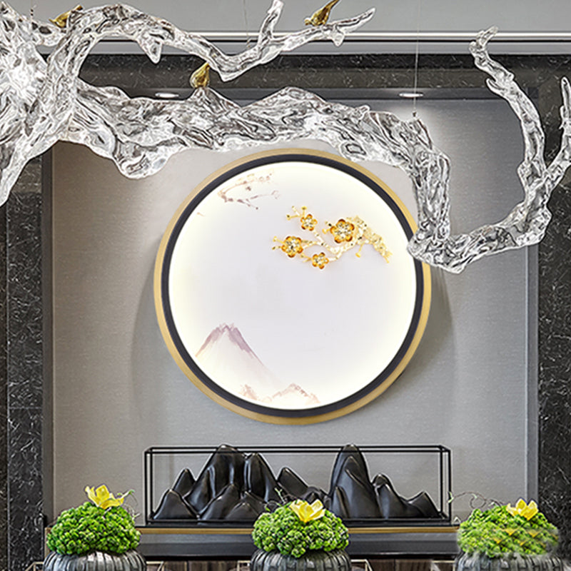 Éclair mural de fleur de prune arrondi métallique lampe murale à LED orientale en or pour le couloir