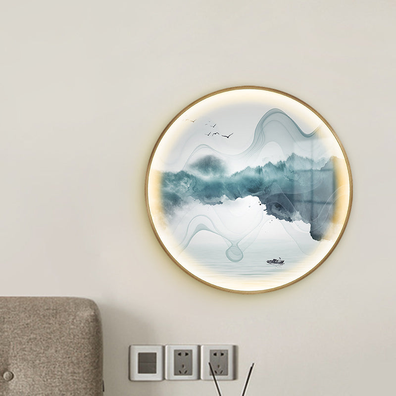 Gold Circular Mountain et Lake Mural Light Chinese LED Metallic Wall Éclairage mural