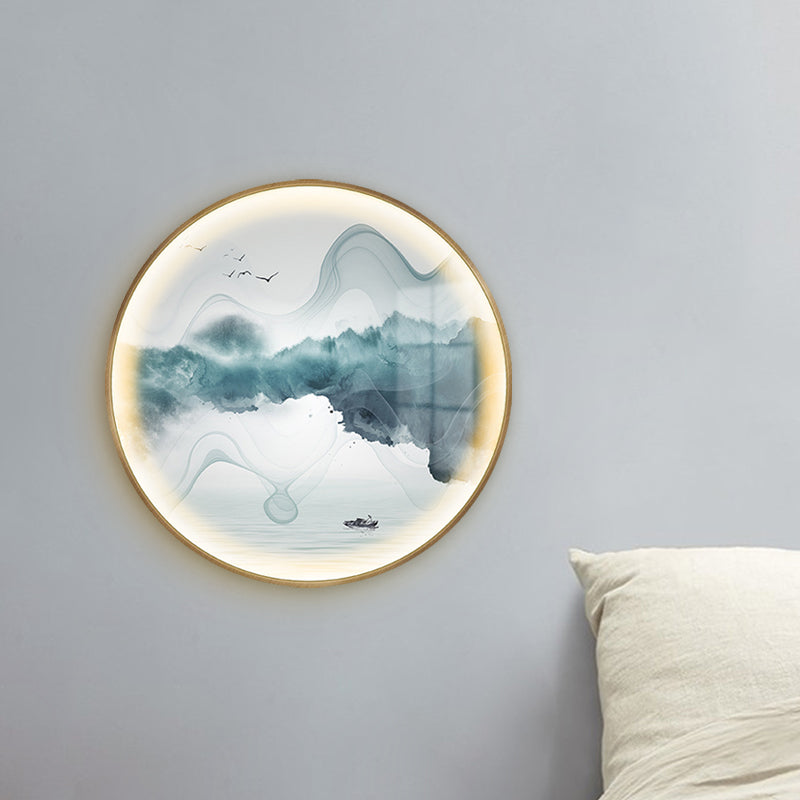 Gold Circular Mountain et Lake Mural Light Chinese LED Metallic Wall Éclairage mural