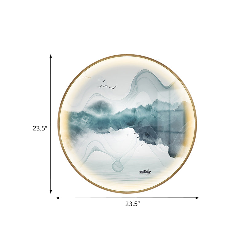 Gold Circular Mountain et Lake Mural Light Chinese LED Metallic Wall Éclairage mural