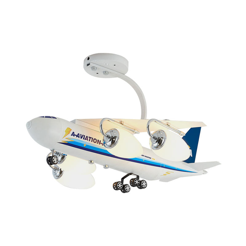Cartoon Flugzeug halb Flush Metall 4 Köpfe Kinderzimmer Deckenleuchte mit Kugel weißer Glasschatten in Blau