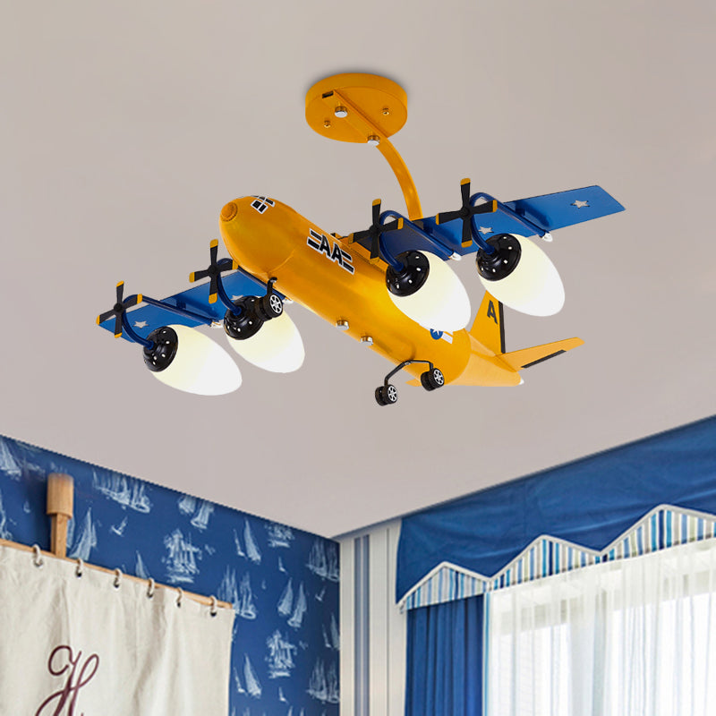 Airplane Kids Room Semi Flush Light Metallic 4 Lights Cartoon Flush Mount with Bullet Opal Glass Shade in Blue/Yellow
