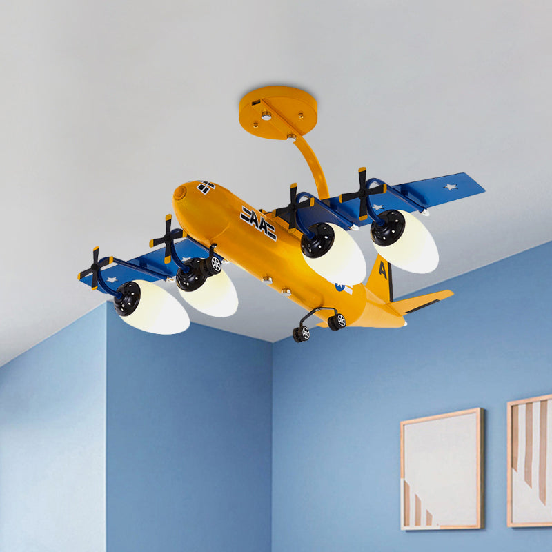 Airplane Kids Room Semi Flush Light Metallic 4 Lights Cartoon Flush Mount with Bullet Opal Glass Shade in Blue/Yellow