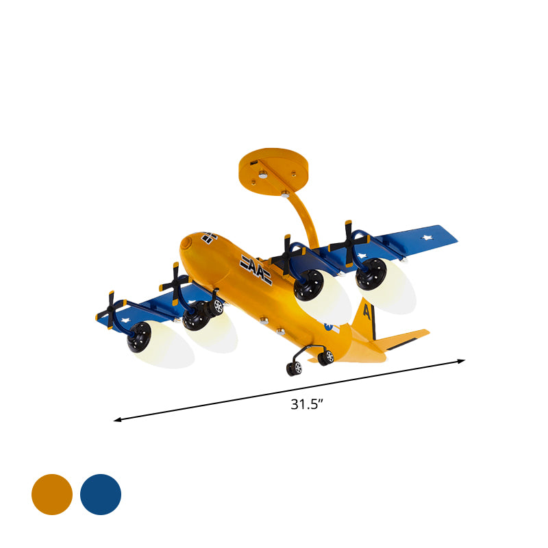 Airplane Kids Room Semi Flush Light Metallic 4 Lights Cartoon Flush Mount with Bullet Opal Glass Shade in Blue/Yellow