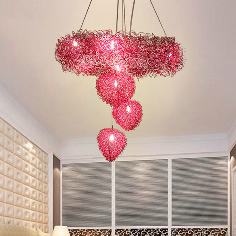 Loving Heart Pendant Chandelier Nordic Style Metal Wire 7 Heads Rose Red Pendulum Lighting