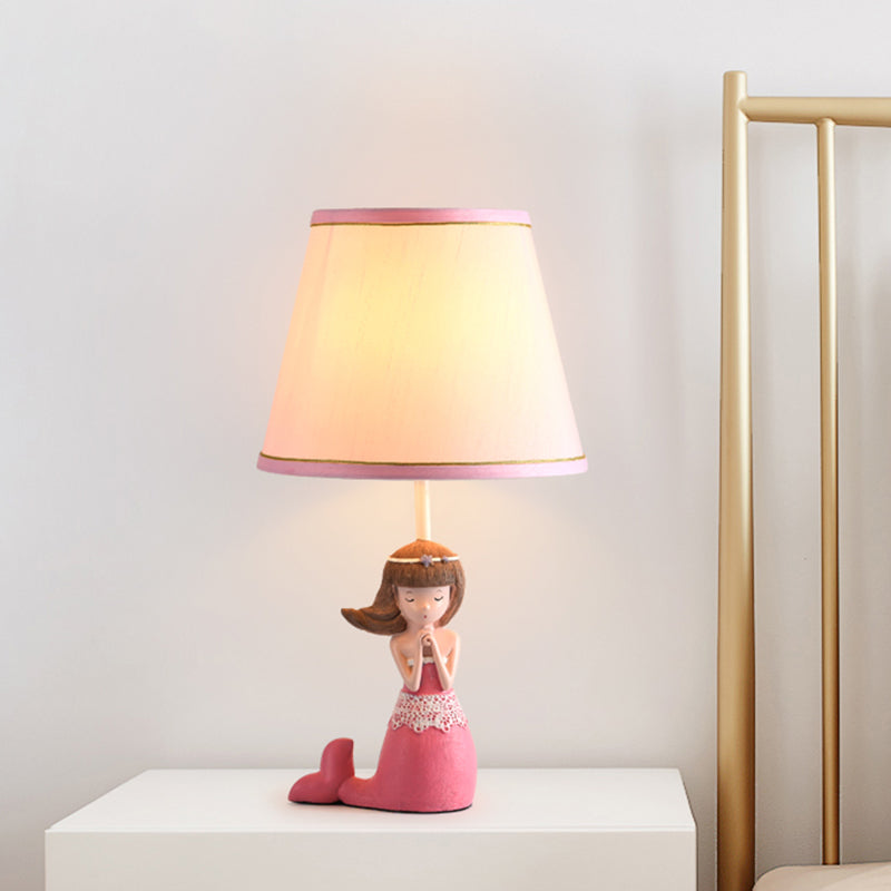 Cartoon Single Desk Light with Barrel Shade Fabric Pink Finish Girl Night Table Lamp