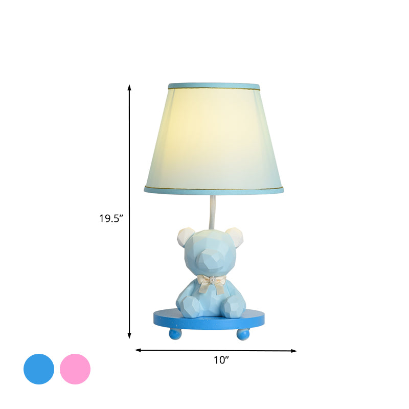 Barrel Shade Bedside Table Lampe Fabric 1 Éclairage de table de chevet d'ours de dessin de bulbe en bleu / rose