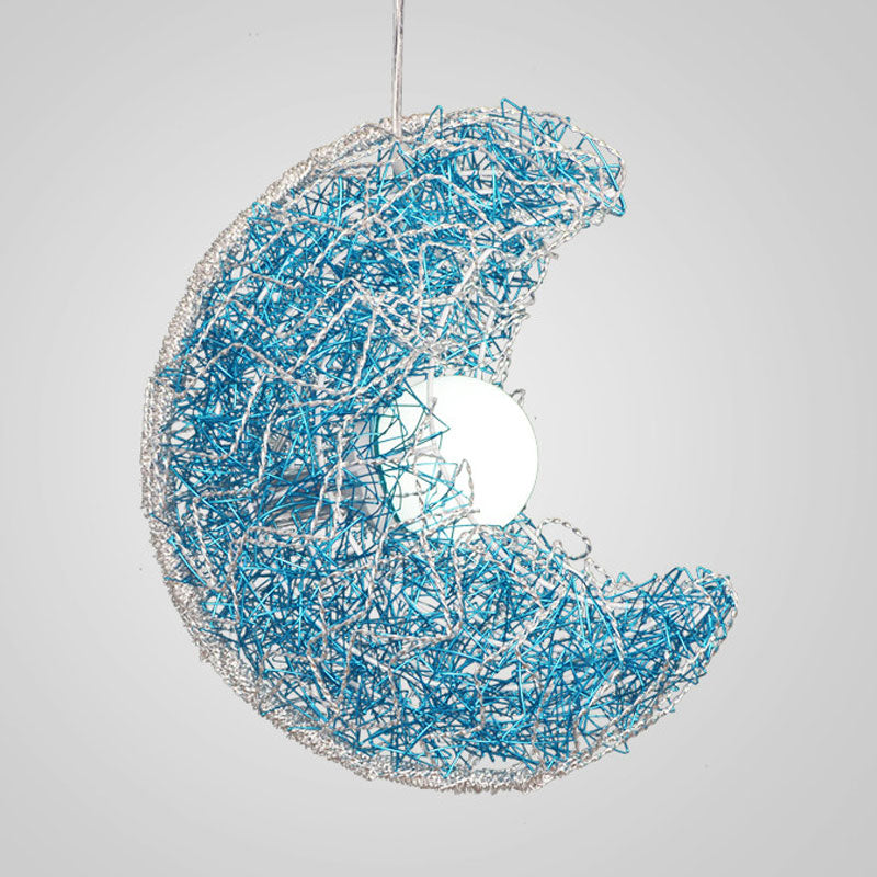 Blue Finish Moon Shaped Suspension Light Nordic Style 1 Bulb Metal Wire Pendulum Lamp