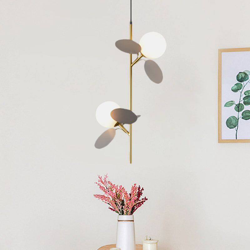 Kids Sphere Chandelier Lighting Frosted Glass 2 Heads Bedside Branch Hanging Lamp in Grey/White/Yellow and Pink