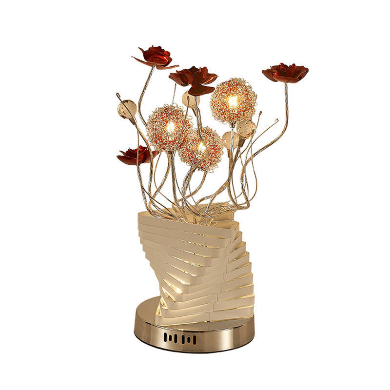 Aluminum Twisty Table Lamp Decorative Bedroom Rose Design LED Nightstand Light in Silver
