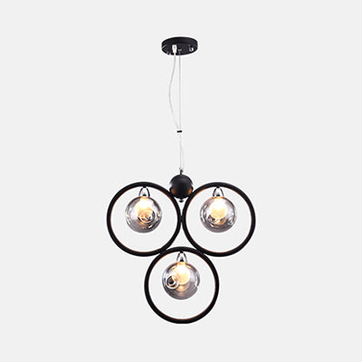 Iluminación colgante redonda de vidrio con piso con poca luz moderna 1/2/3 luces lámparas de techo colgantes de led en negro con anillo de hierro