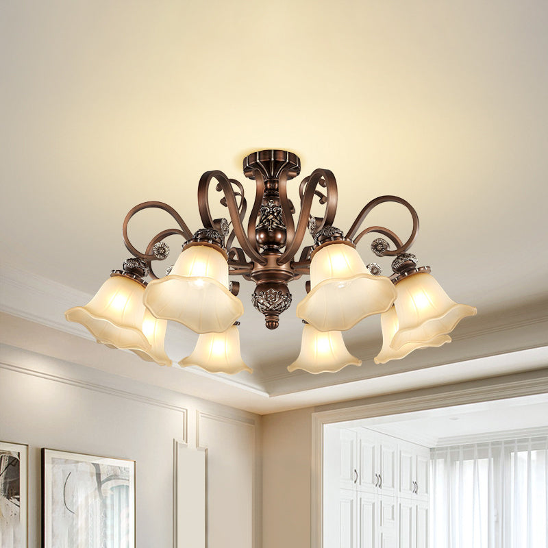 5/6/8 Lights Floral Shade Semi Flush Light Countryside Brown Opal Glass Close to Ceiling Lamp for Living Room