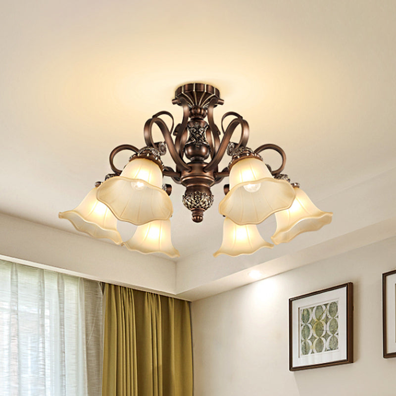 5/6/8 Lights Floral Shade Semi Flush Light Countryside Brown Opal Glass Close to Ceiling Lamp for Living Room