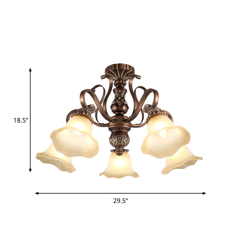 5/6/8 Lights Floral Shade Semi Flush Light Countryside Brown Opal Glass Close to Ceiling Lamp for Living Room