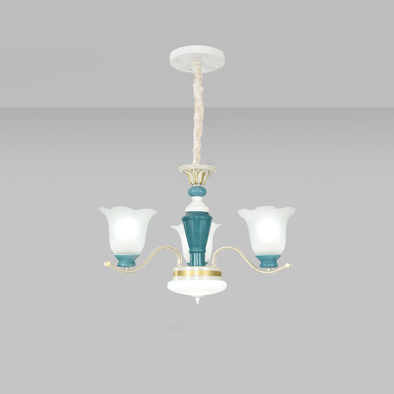 Groene bloemschaduw plafond hang armatuur plattelandsstijl crème glazen 3/6-licht slaapkamer hangende kroonluchter
