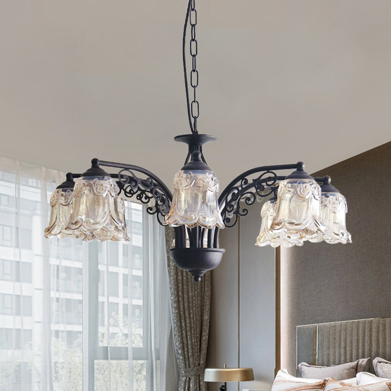 Black Curvy Arm Hanging Chandelier Rural Style Metallic 6/8 Lights Living Room Suspension Pendant