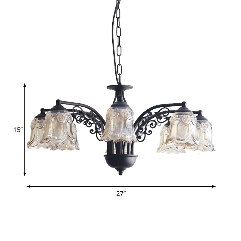 Black Curvy Arm Hanging Chandelier Rural Style Metallic 6/8 Lights Living Room Suspension Pendant