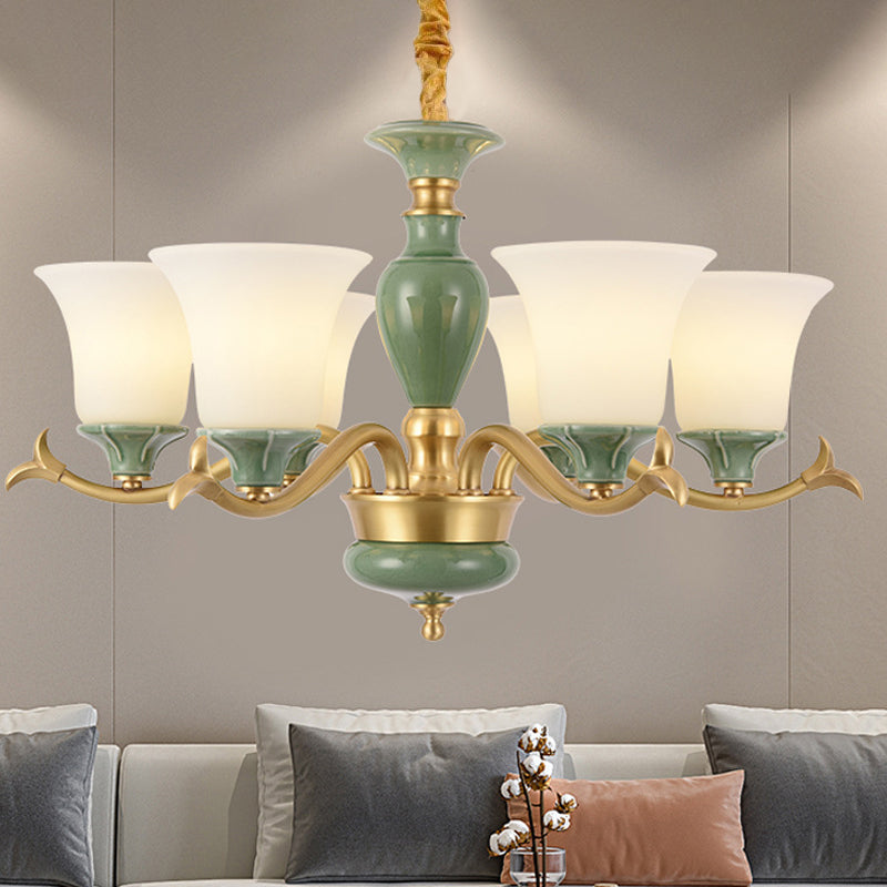 3/6 Bulbs Frosted Glass Suspension Lighting Countryside Green Bell Shaped Guest Room Chandelier