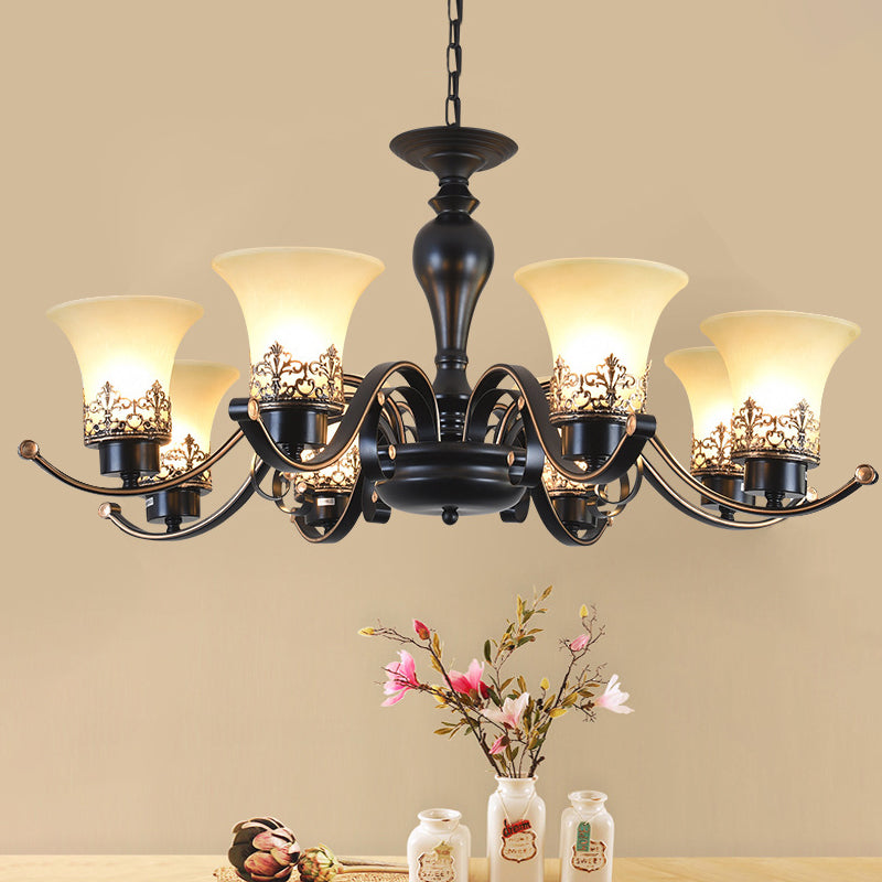 Rustic Style Swooping Arm Chandelier Lighting 3/6/8-Head Metal Ceiling Pendant Light in Black