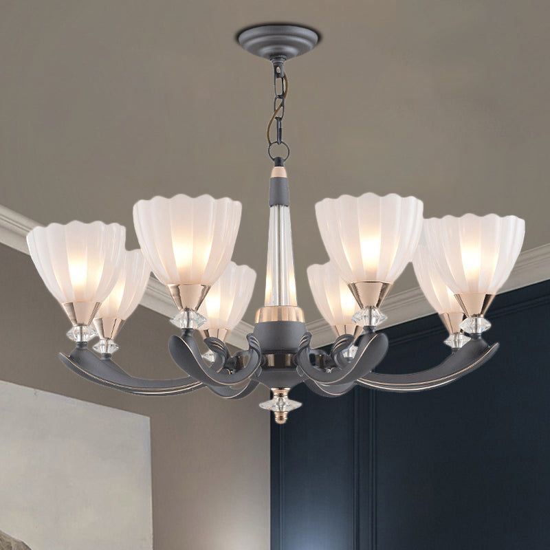 6/8 Bulbs Suspension Pendant with Floral Shade Opal Glass Countryside Guest Room Ceiling Chandelier in Grey