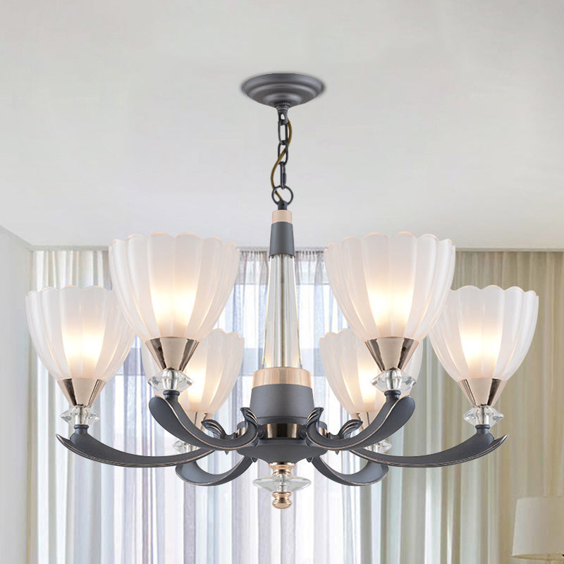 6/8 Bulbs Suspension Pendant with Floral Shade Opal Glass Countryside Guest Room Ceiling Chandelier in Grey