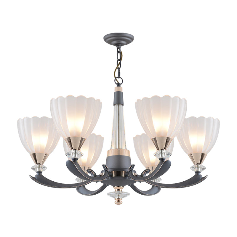 6/8 Bulbs Suspension Pendant with Floral Shade Opal Glass Countryside Guest Room Ceiling Chandelier in Grey