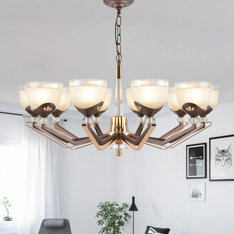Coffee Bowl Shaped Pendant Chandelier Rural Style Cream Glass 3/6/8/10-Head Living Room Suspension Lighting