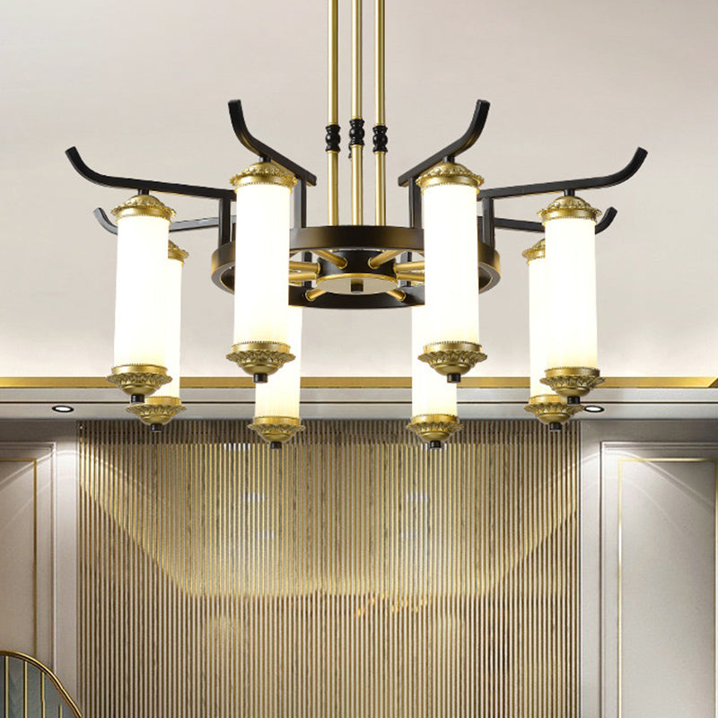 8/10 Bulbs Chandelier Lighting Fixture Countryside Column Frosted Glass Ceiling Lamp in Black-Gold