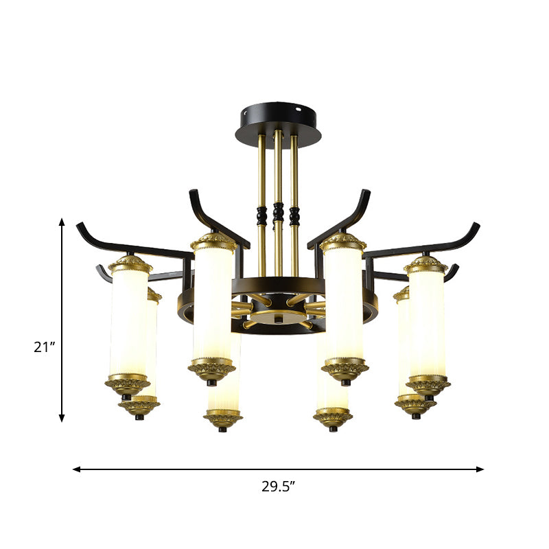 8/10 Bulbs Chandelier Lighting Fixture Countryside Column Frosted Glass Ceiling Lamp in Black-Gold