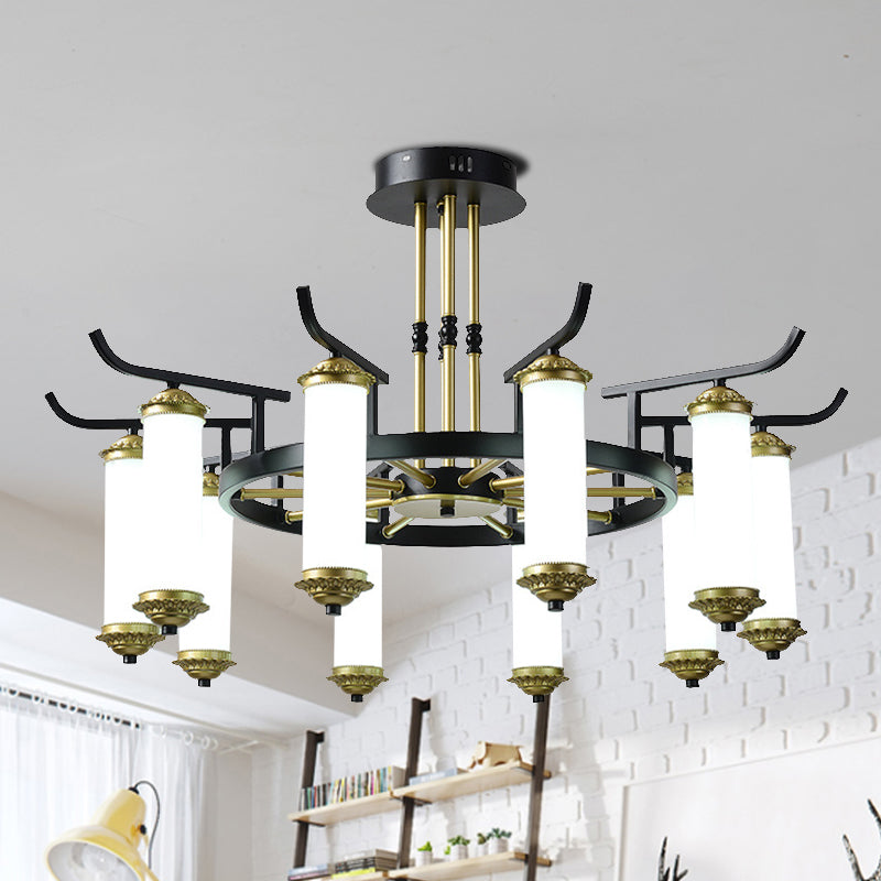 8/10 Bulbs Chandelier Lighting Fixture Countryside Column Frosted Glass Ceiling Lamp in Black-Gold