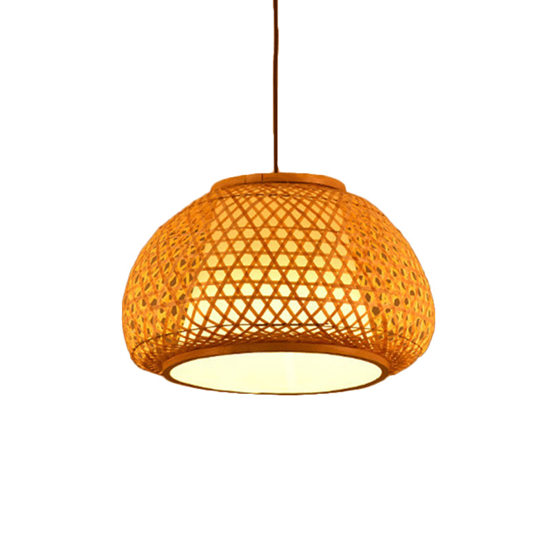 Hand Knitted Bamboo Lantern Drop Light for Restaurant Asian 1 Head Pendant Lamp with Paper Interior Shade