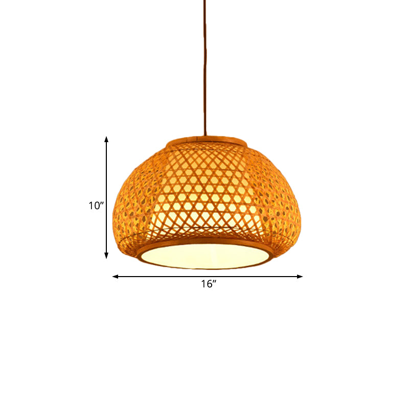 Hand Knitted Bamboo Lantern Drop Light for Restaurant Asian 1 Head Pendant Lamp with Paper Interior Shade