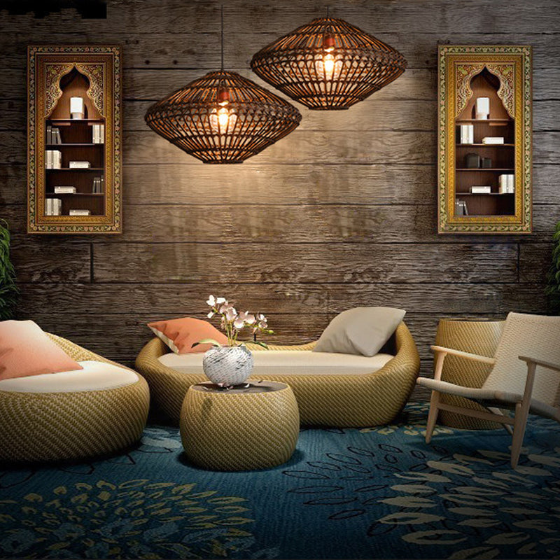 Rattan Disc Restaurant Hängende Lampe Asian Single Head Pendulum Licht in Braun