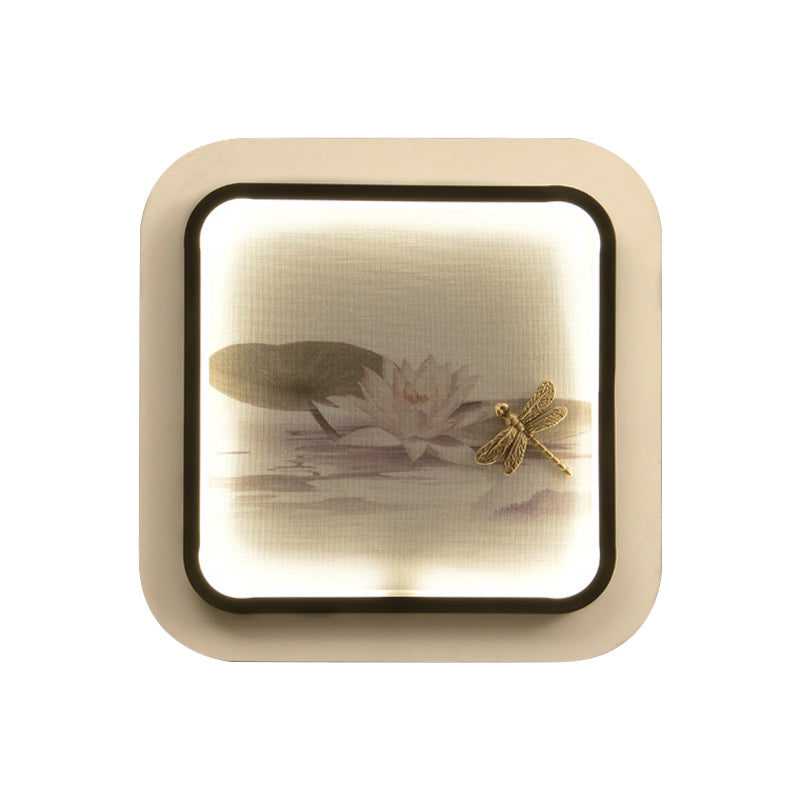 Éclairage de mur de métal carré chinois lampe murale LED en noir et blanc avec lotus et motif de libellule