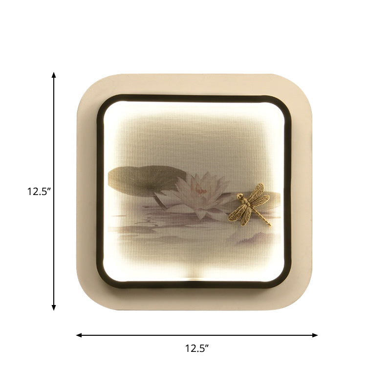Éclairage de mur de métal carré chinois lampe murale LED en noir et blanc avec lotus et motif de libellule