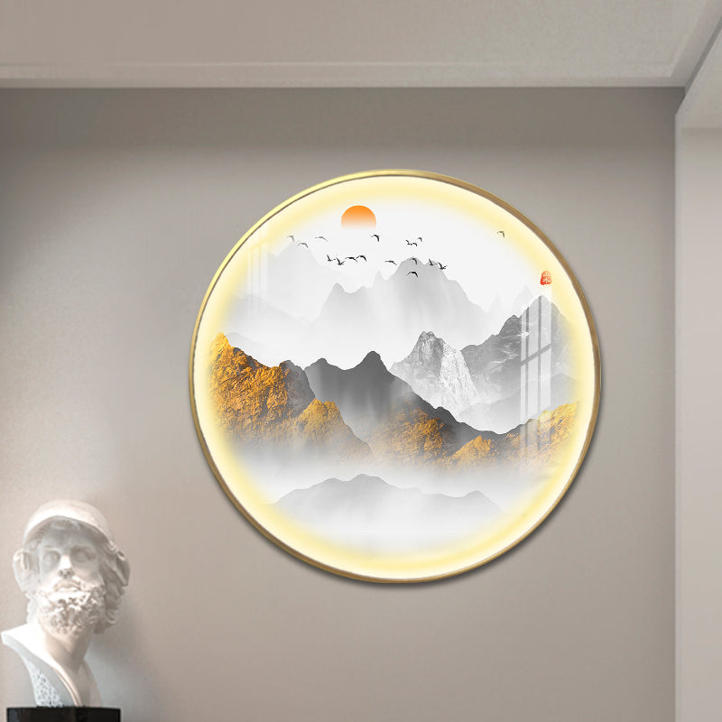 Gold Round Wall Mount Light Fixture Oriental LED Metallic Wall Mural Lamp with Mountain and Sun Pattern